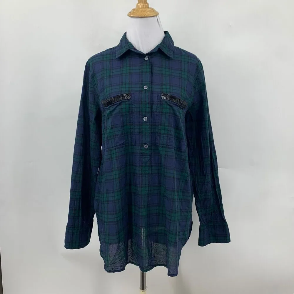 J Crew Popover Shirt Womens M Medium Plaid Beaded Pockets Half Button Oversized